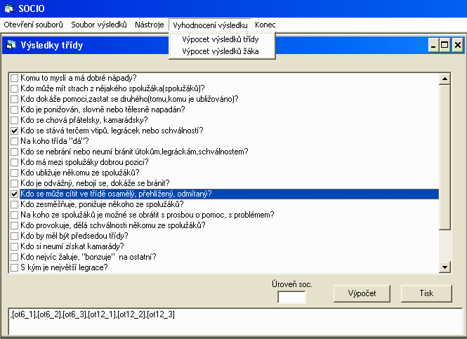 Diagnostický test SOCIO 2006 Celkem 22 otázek Při interpretaci se otázky vyhodnocují podle počtu jednotlivých voleb -