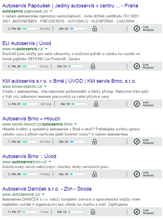 Optimalizace webových stránek 25 zpětných odkazů. Po zadání dotazu autoservis do vyhledávače Google.cz je pořadí výsledků vyhledávání následující. Obr. 3 Výsledky vyhledávání vyhledávače Google.