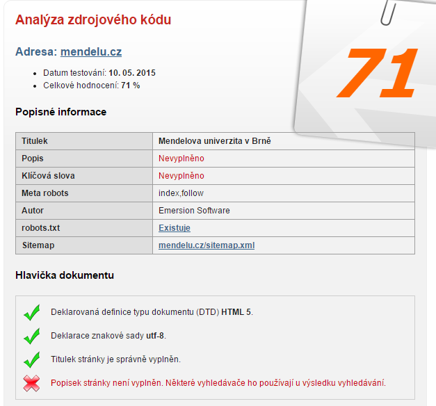 Optimalizace webových stránek 30 Obr. 8 Ukázka výsledku na stránce SEO-Servis.