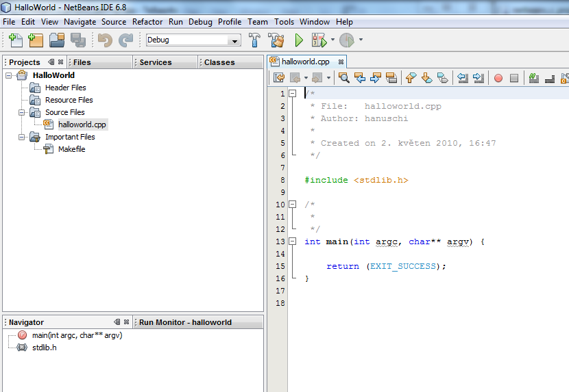 Otev el se nám projekt HalloWorld, pokud otev ete podsloºku Source Files v projektu, m ºete otev ít zdrojový kód hlavního souboru halloworld.cpp, kde je p ednastavena kostra programu.