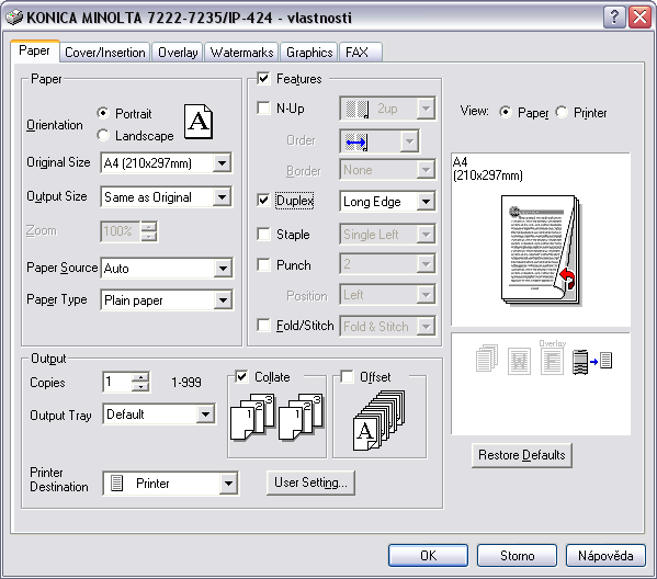 d) Nastavení oboustranného tisku U ČB tiskárny Konica 7222_P zatrhněte možnost Features (Rozšíření) a Duplex.