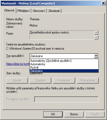 Nastavení se provede dvojklikem na název služby a změnou nastavení v položce Typ spouštění. Automaticky spustí službu po startu systému.