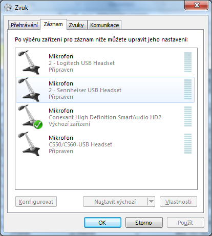 Windows 7 / 8 zde se upřesní, které zařízení má být připojeno, nastavte potřebné zařízení jako výchozí Tip: Pokud aplikace rozpoznává s větší chybovostí než normálně, zkontrolujte nastavení mikrofonu