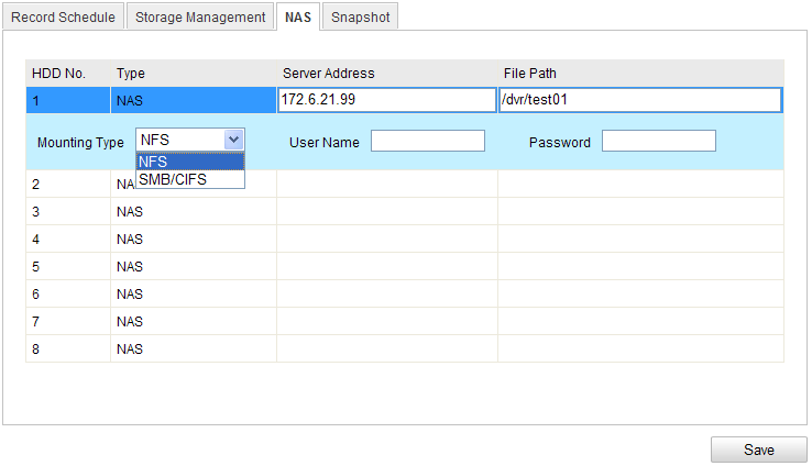 Chapter 7 Nastavení ukládání Než začnete: Před konfigurací záznamu, se přesvědčte, že je síťové záznamové zařízení připojeno k síti nebo, že je SD karta vložena do kamery. 7.1 Konfigurace nastavení NAS Než začnete: Síťový disk by měl být dostupný na síti a s nakonfigurovaným Ukládáním, složkami pro záznam, přihlašovacími účty, atd.