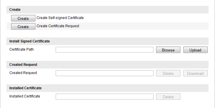 Figure 5-26 NastaveníHTTPS Vytvořte certifikát podepsaný svým držitelem 1) Kliknutím na tlačítko Create (Vytvořit) vstupte do rozhraní vytváření.