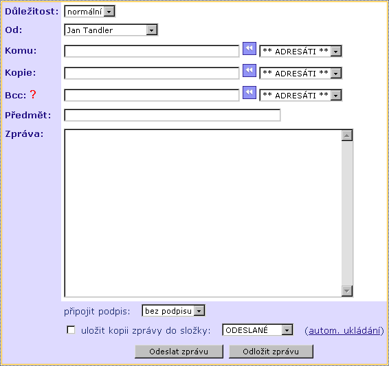 Pro napsání nového e-mailu stačí kliknout na Nová zpráva v levém menu.