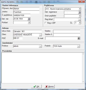 Karta pacienta Tato volba umožňuje zadání nebo opravu osobních údajů v kartě pacienta. Otevření karty se provede z kartotéky pacientů tlačítkem Přidat nebo Opravit.