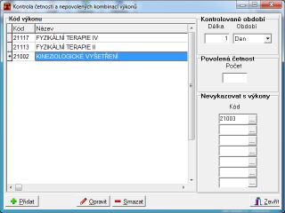 Kontrola četnosti a nepovolených kombinací výkonů Tento číselník slouží k definici povolených četností výkonů a nepovolených kombinací výkonů za zvolené období.