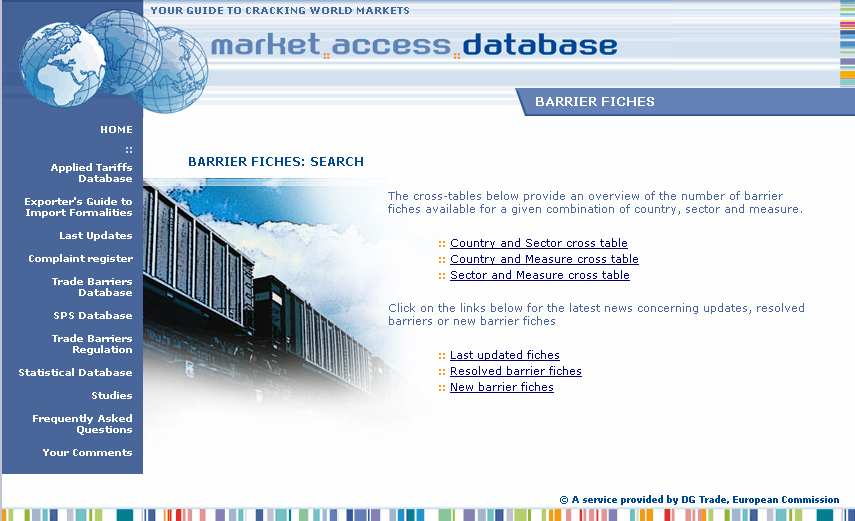 překážky obchodu (Trade Barriers Database) - vyhledávání podle zemí, podle odvětví nebo podle skupin uplatňovaných opatření - výstup - přehled záznamů o