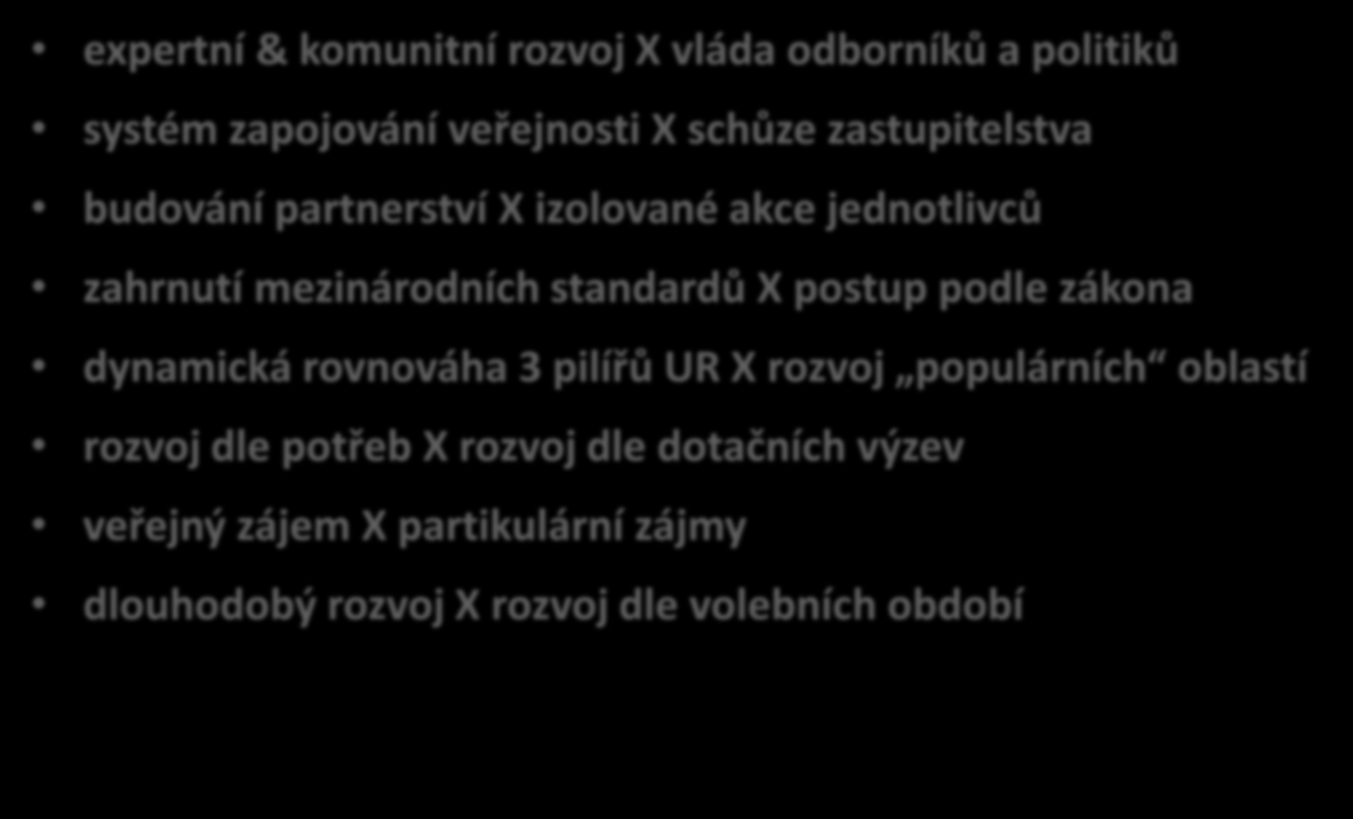 Strategické řízení v rámci ZM a MA21 expertní & komunitní rozvoj X vláda odborníků a politiků systém zapojování veřejnosti X schůze zastupitelstva budování partnerství X izolované akce jednotlivců