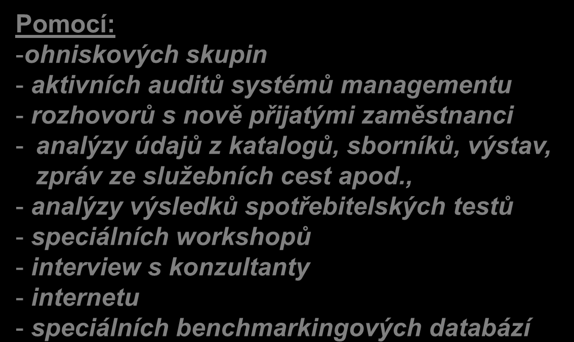 IDENTIFIKACE PARTNERA PRO BENCHMARKING Pomocí: -ohniskových skupin - aktivních auditů systémů managementu - rozhovorů s nově přijatými zaměstnanci - analýzy údajů z katalogů, sborníků,