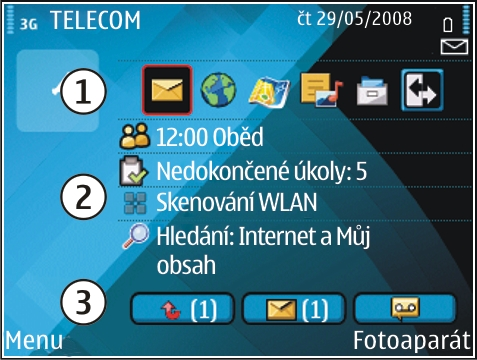 Rychlý přístup k úkolům Kdykoli vidíte ikonu na domovské obrazovce, v Kontaktech nebo Kalendáři, otevřete stisknutím navigační klávesy vpravo seznam dostupných akcí.