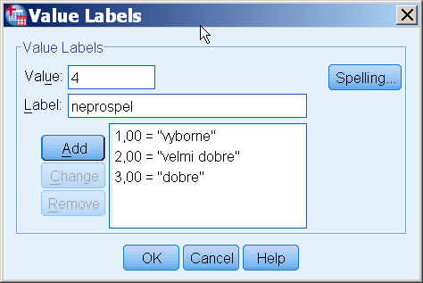 Obrázek 4 Použití volby Values Label v SPSS (Variable View) Způsob měření (Measure) vyjadřuje typ proměnné.