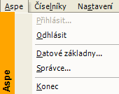 Obecné zásady práce v Aspe 1.2 Hlavní menu 1.2.1 Aspe Pod menu Aspe najdete funkce pro odhlášení/přihlášení uživatele, přístup k modulům Datové základny, Správce a ukončení práce s Aspe. Obr.