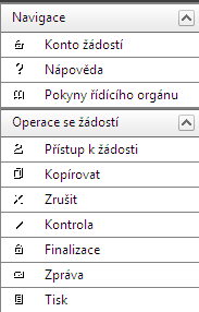 Levý bílý panel Navigace Konto žádostí v této záložce naleznete seznam svých projektů (ve stavech založený, finalizovaný, předaný).