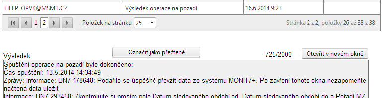 Po načtení dat je zobrazeno informační hlášení, které je opět možné zavřít pomocí křížku v pravém horním rohu.