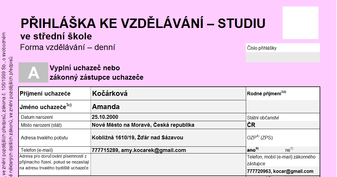 Vzor vyplnění přední strany přihlášky 1.