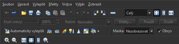 3 SEZNÁMENÍ S PROSTŘEDÍM A NÁSTROJI Obrázek 21 - Panely editoru Panelů v editoru je celkem sedm (Obrázek 21). První je již standardní hlavní nabídka. V ní lze najít např.