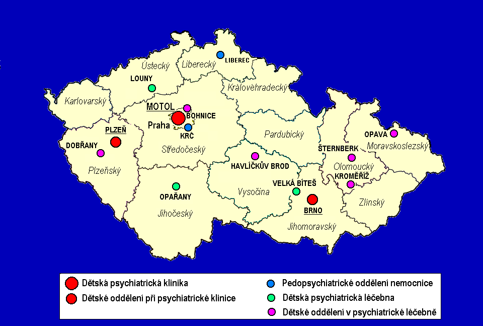 Lůžková pedopsychiatrická zařízení v ČR 2005 Velká vzdálenost lůţkových zařízení od místa bydliště omezuje styk dětí s rodinami a lékařů s rodiči dětských pacientů.