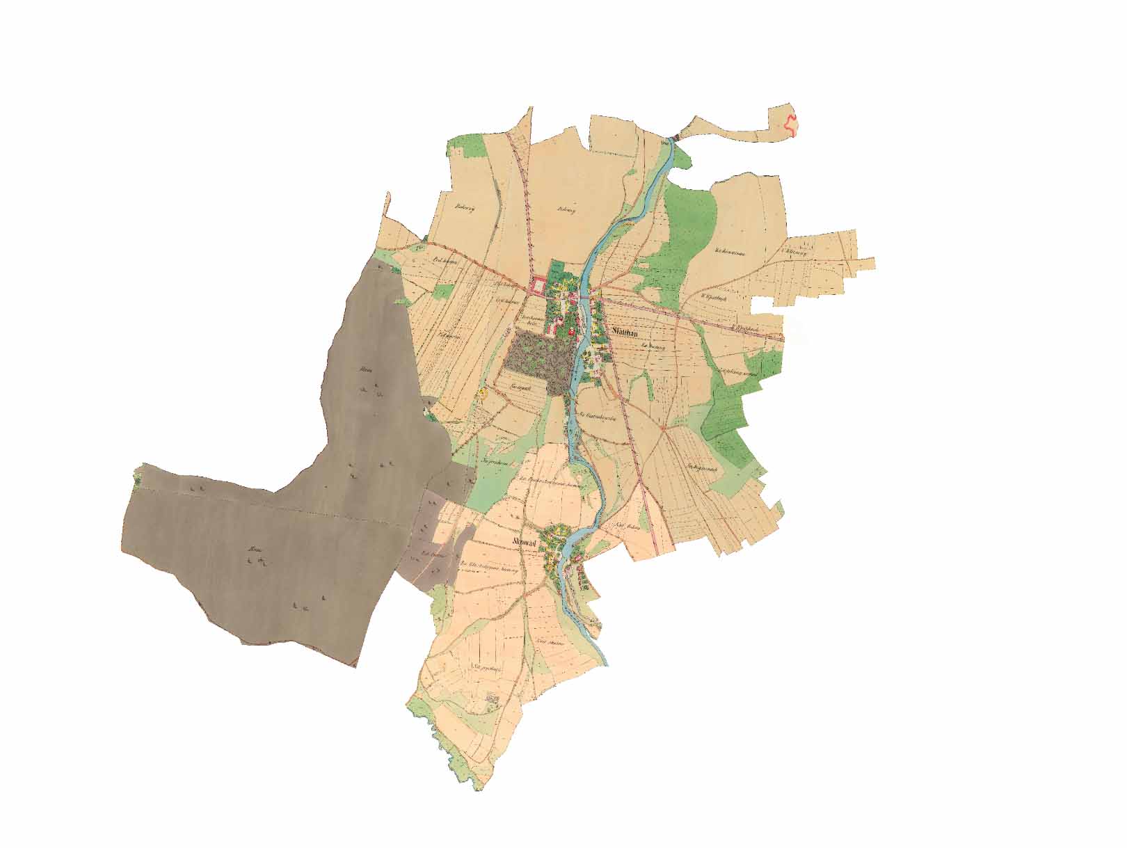 4. METODIKA ZPRACOVÁNÍ Obr. 4.8: Výsledný rastr k.ú. Slatiňany a k.ú. Škrovád Tab. 4.3: Dosažené hodnoty při georeferencování listů III.