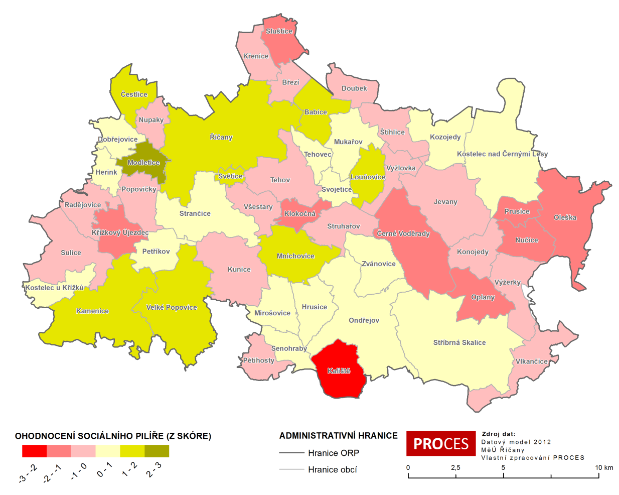 Mapa 14.2: Kartogram vyváženosti sociálního pilíře V sociální oblasti jsou kladnými čísly hodnoceny obce s vyváženou sídelní strukturou a kvalitním a funkčním propojením jednotlivých sídel.