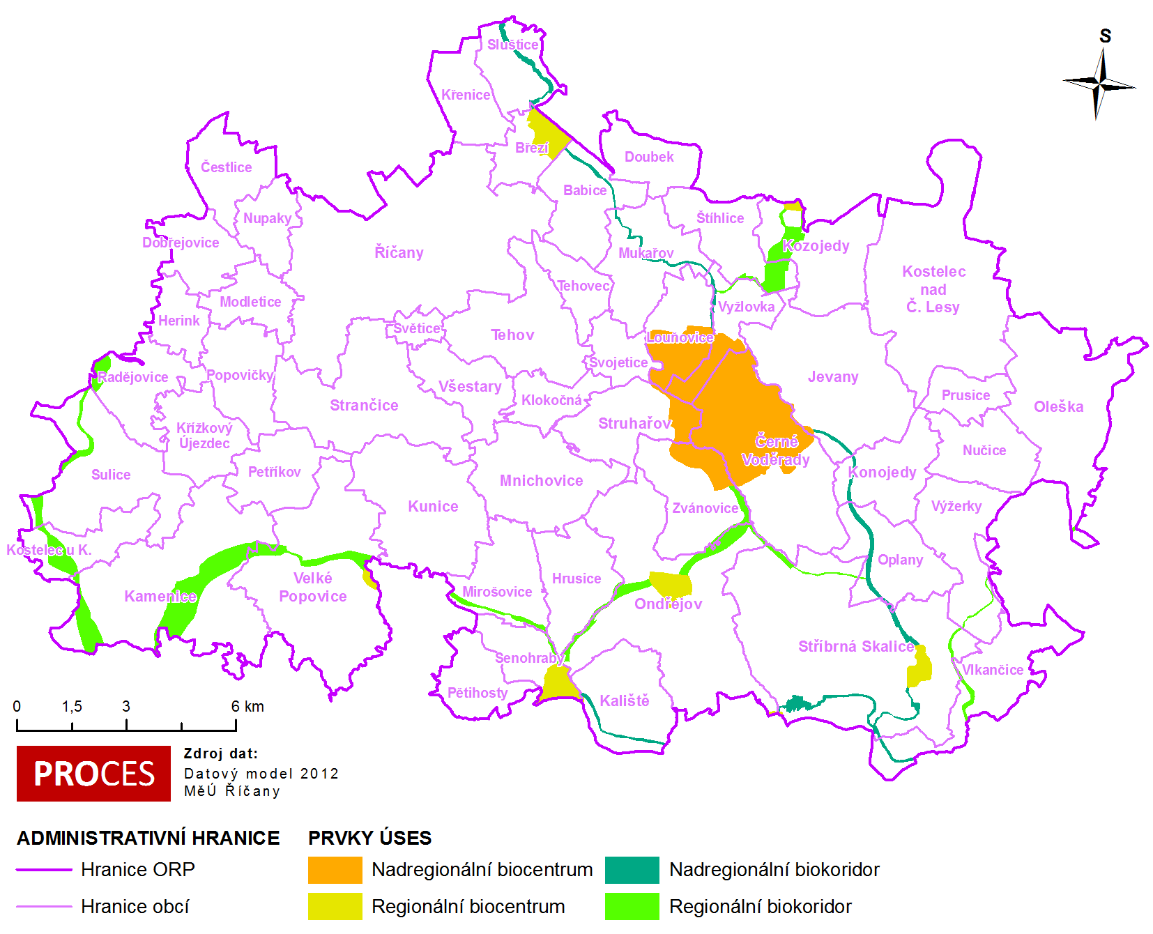 Mapa 5.2: Prvky ÚSES na území SO ORP Říčany Obce, na jejichž území se nachází zmíněné prvky ÚSES, jsou uvedeny v následující tabulce.