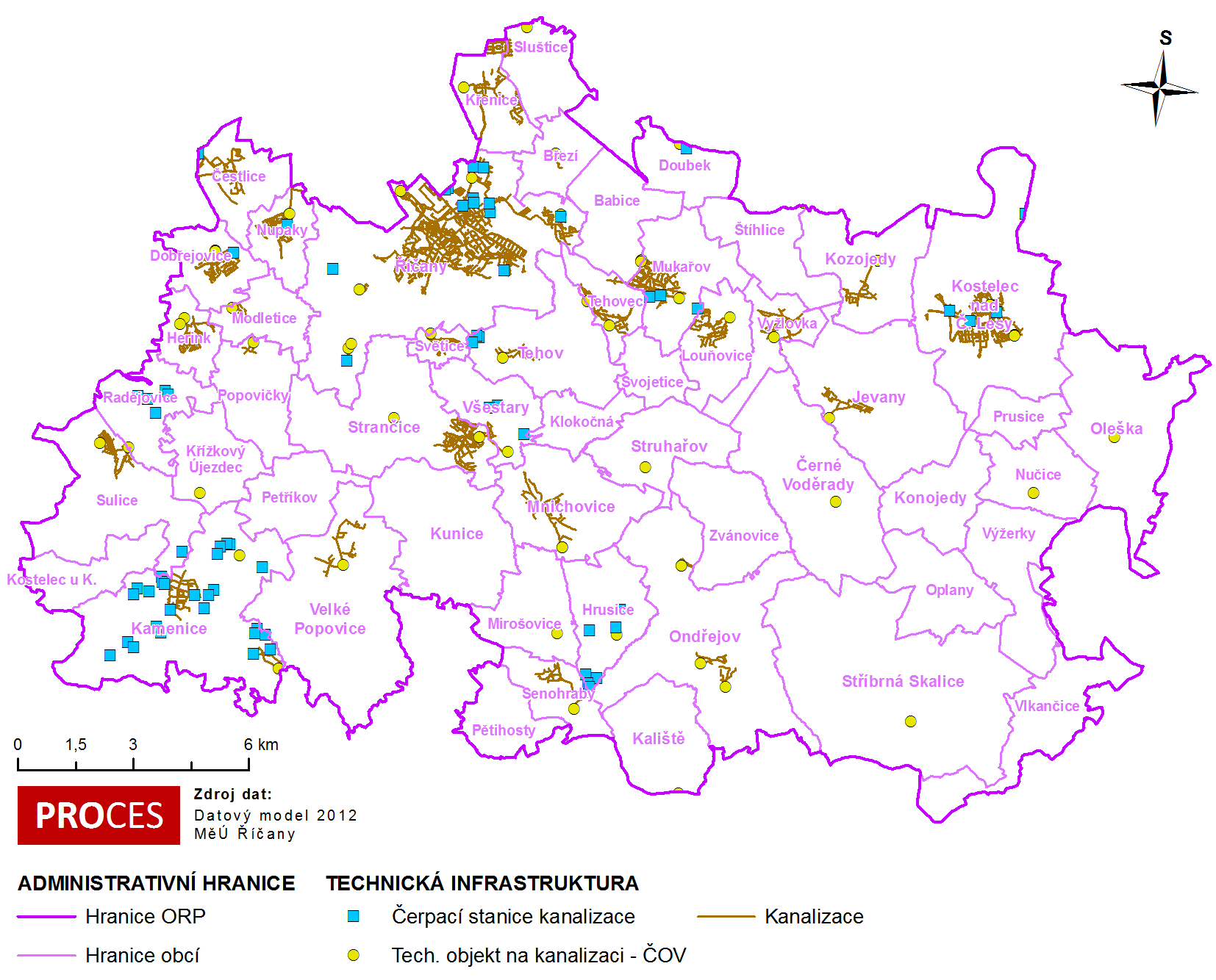 Mapa 7.2: Kanalizační síť na území SO ORP Říčany 7.