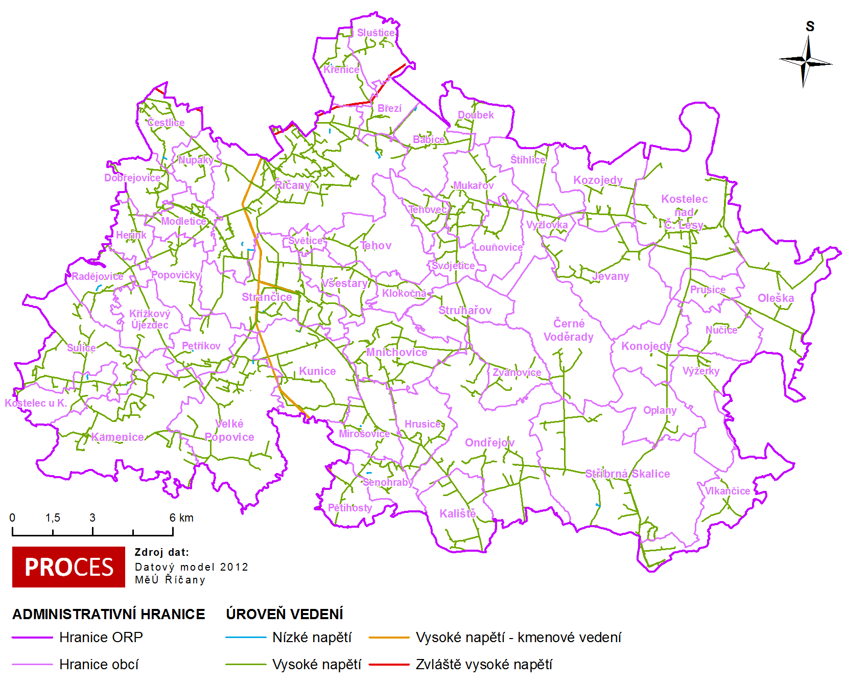 Mapa 7.4: Síť rozvodů elektrické energie na území SO ORP Říčany 7.6 Spoje Celým územím SO ORP Říčany prochází páteřní trasy komunikačního vedení společnosti Telefónica O2 Czech Republic a.s., které jsou vedeny převážně podzemními kabely.