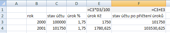 Tabulka obsahuje přehled let spoření. Ty vytvoříme pomocí kopírování tažením myši. Důležité bude správné vypracování prvního řádku, tedy stavu v roce 2000. Uvažujeme počáteční stav účtu 100000,- Kč.