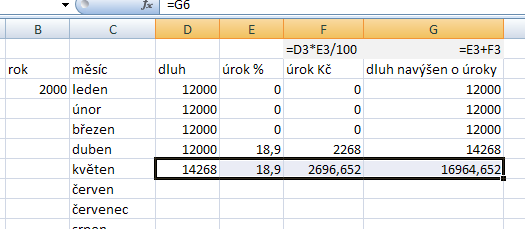 Řešení Úloha 1 Stávající úlohu popsanou v úvodní části dokumentu rozšíříme o jeden sloupec (F), v kterém vypočítáme výši úroku po odečtení daně 15%.