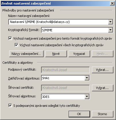V sekci Certifikáty vyberte správný Podpisový a Šifrovací certifikát.
