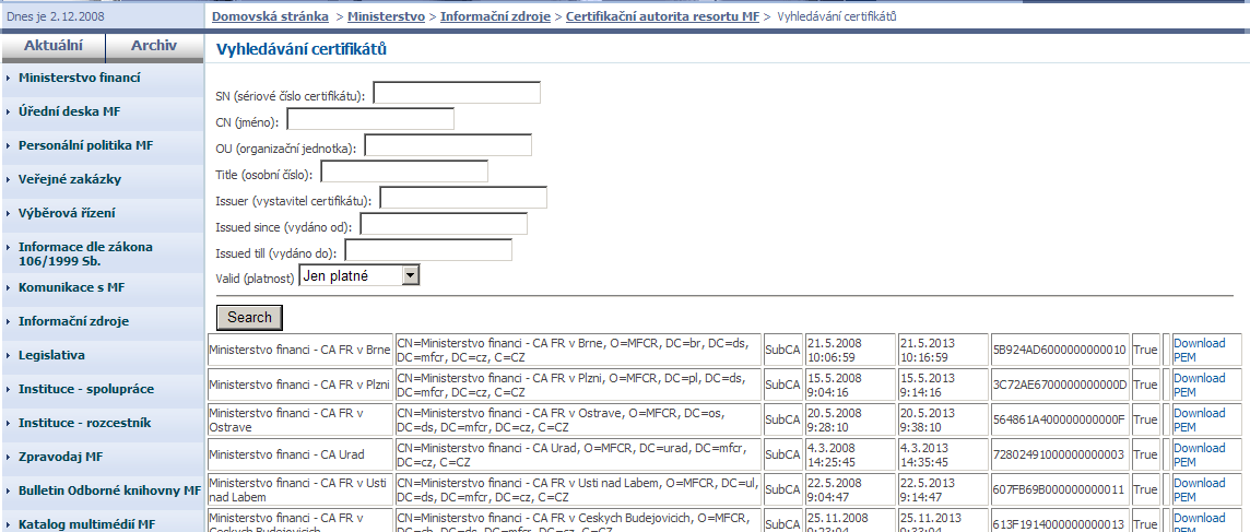 Po zadání parametrů a kliknutí na odkaz Search se zobrazí stránka s certifikáty vyhovujícími zadaným kritériím.