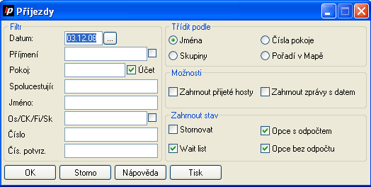 protel Front Office User Manual Reports 6 Reporty 6.1 Příjezdy Front Office Reporty Příjezdy 6.1.1 Otevření seznamu Seznam může být otevřen cestou menu reporty nebo ikonou Filtr Datum Příjmení Zde se vloží datum požadovaného dne příjezdu.