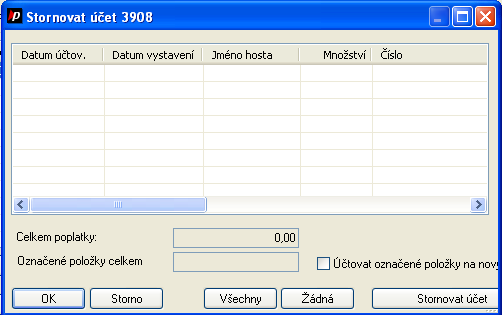 protel Front Office User Manual The Navigator účty Storno účtu Zde máte možnost stornovat účet. Dialogové okno Vám zobrazí všechny položky účtu.