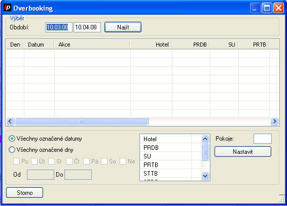Reservation protel Front Office User Manual Nejdříve se stanoví časový rámec, ve kterém si přejete nastavit overbooking a poté klikněte na tlačítko Najít. V seznamu se zobrazí jednotlivé dny.