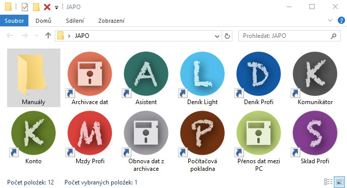 Na ploše Windows se vytvořily složky: JAPO (obsahuje zástupce programů), ELEKTRONICKÉ PODÁNÍ JAPO (zde najdete všechny výkazy, které budete odevzdávat datovou schránkou nebo daňovým portálem) a