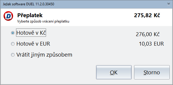 46 Přeplacení účtenky Přeplacení účtenky se zachová podle parametru Přeplatek u posledního použitého způsobu platby aktuální kasy.