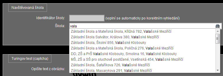 Identifikátor školy se vyplní automaticky po zadání školy. Posledním krokem je ochrana proti počítačovým automatem, je proto třeba správně odepsat text z obrázku a potvrdit registraci.