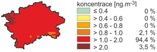 Obrázek 29: Průměrné roční koncentrace benzo(a)pyrenu, aglomerace CZ01 Praha, 2003 2012 Zdroj dat: ČHMÚ V referenčním roce 2011 překročilo imisní limit téměř 98 % území aglomerace CZ01 Praha, přičemž