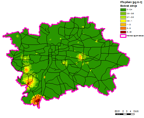 Obrázek 38: Příspěvek skupiny vyjmenovaných stacionárních zdrojů (Bodové zdroje) k průměrné roční koncentraci PM 10, stav roku 2011, aglomerace CZ01 Praha