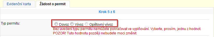 10 Podávání žádostí o permity Obrázek 7 b) Žádost o permit Dalším krokem průvodce přechází k vyplnění vlastní žádosti o permit 1. Jednou zadané údaje už není třeba zadávat znovu. i.