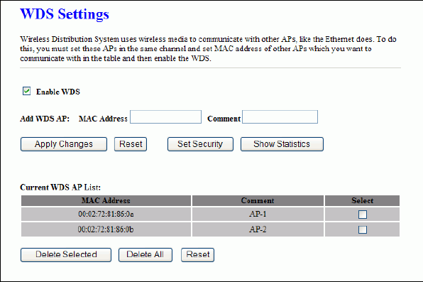 3.3.8 Nastavení WDS Wireless Distribution System Bezdrátový distribuční systém umožňuje aby mohly navzájem komunikovat zařízení v režimu Access Point.