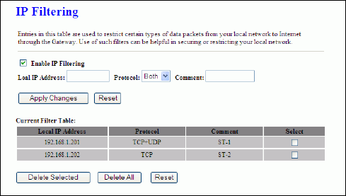 3.3.13 Firewall - Filtrování protokolu IP Záznamy v této tabulce umožňují přesměrovat vybrané síťové služby mezi vaší sítí a Internetem.