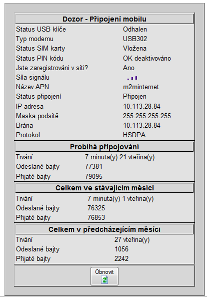 Pokud se po 2 minutách zobrazí Status připojení = Odpojeno: Zkontrolujte správnost zadání mobilních parametrů. 12. V levém menu klikněte na Odpojit. 13. Odpojte síťový kabel. 14.