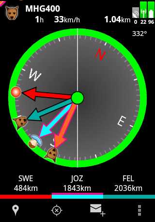 Kompas Další možností aplikace Tracker pro Android je kompas. Tento kompas funguje přesně jako normální kompas, a přitom vám i ukazuje, kterým směrem je váš pes.