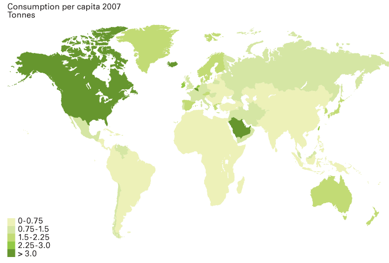 Obrázek 7: Spotřeba ropy na obyvatele Zdroj: BP Statistical Review of World Energy 2008, str. 8 Světovou spotřebu ropy v letech 2007 2009 nám v podrobném náhledu ilustruje Tabulka 4.