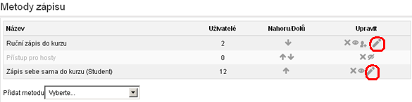 Hromadný ruční zápis v levém menu Správa kurzu->uživatelé->metody zápisu. Zobrazí se Vám seznam dostupných metod zápisů.