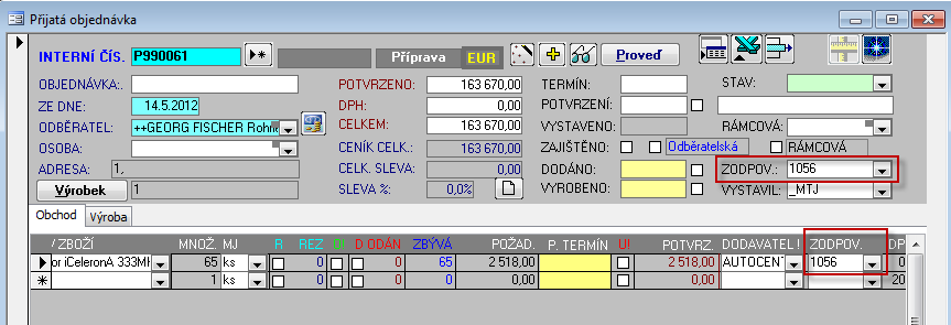 Zakázkový systém 45 Přijaté objednávky Pokud je vyplněn obchodník v poli ZODPOVÍDÁ v hlavičce Pobj, tak při zápisu nových řádků do objednávky se nově objeví obchodník i v řádcích (sloupec ZODP).