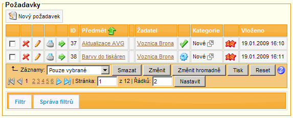 38 HelpDesk 2010.3 Pod výpisem požadavků se nachází filtr. Můžete omezit výběr jen na své vložené anebo požadavky, které řešíte.