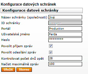 Název schránky obsahuje název, který se bude zobrazovat v rámci aplikace Inkaso pohledávek ID schránky, uživatelské jméno a heslo jsou údaje nutné pro přihlášení do datové schránky.